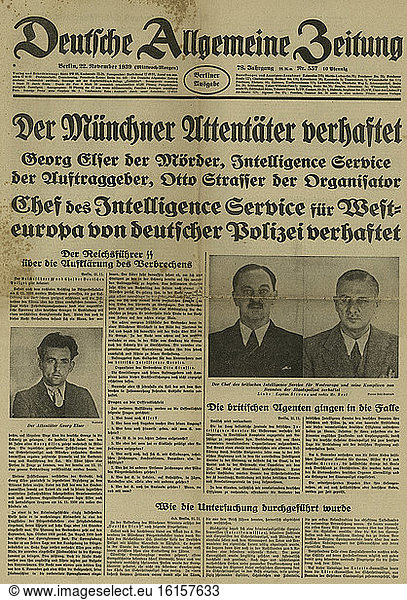Bomb Attack on Hitler 1939 / Newsp. Title