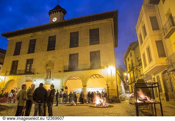 Bonfire of Saint Miguel by night in Mora de Rubielos. Teruel  Aragon  Spain