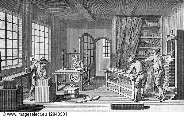 BOOKBINDER  1763. A bookbinder workshop  where a volume is pounded through a marble block (A)  a woman stitches page signatures (B)  pages are cut (C) and the volumes placed under a press (D). Cooper engraving from Denis Diderot's Encyclopedia ' 1763.