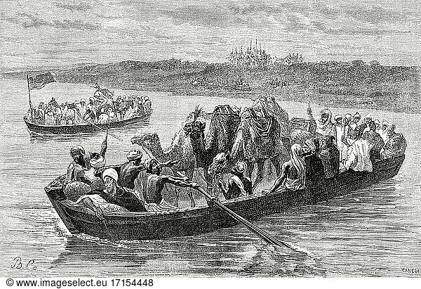 Boot  das Tiere und Menschen transportiert  auf dem Sebu-Fluss in Nordmarokko  Nordafrika. Alte Kupferstichillustration aus dem 19. Jahrhundert aus El Mundo Ilustrado 1879.