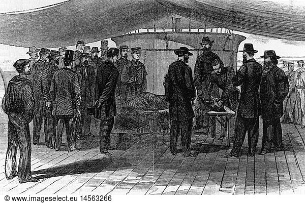 Booth  John Wilkes  10.5.1838 - 26.4.1865  American actor  death  autopsy of his dead body on board of the monitor USS Montauk by military surgeon Joseph J. Woodward  27.4.1865  wood engraving  'Harper's Weekly'  13.5.1865