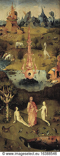 Bosch  Hieronymus c. 1450 – 1516.“The Garden of Earthly Delights .Left middle panel of the Creation triptych.On wood  220 × 97cm.Madrid  Museo del Prado.