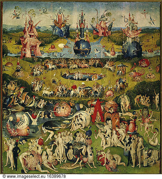 Bosch  Hieronymus c. 1450 – 1516.“The Garden of Earthly Delights Middle panel of triptych.On wood  220 × 195cm.Madrid  Museo del Prado.