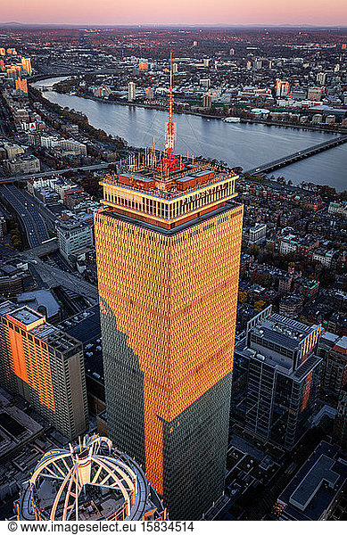 Boston aerial photo of skyscraper during sunrise first light.