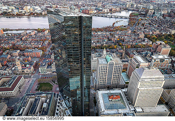 Boston aerial shot looking down at reflective building.