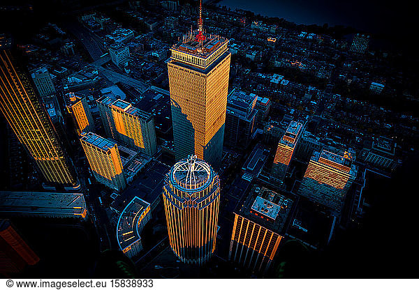 Boston aerial shot looking down at skyscrapers during first light.
