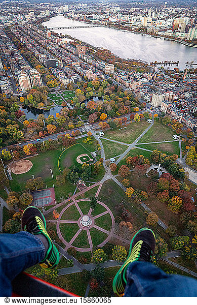 Boston aerial shot of fall foliage park from helicopter vantage point.