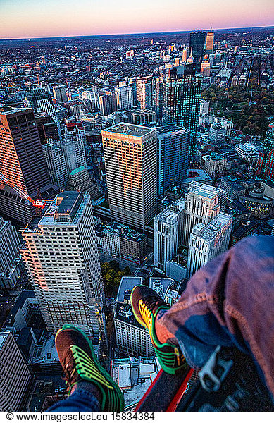 Boston aerial views from helicopter at sunrise.