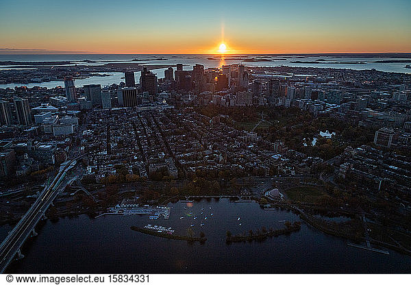 Boston aerial views from helicopter during sunrise.