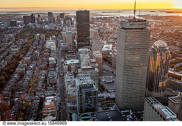 Boston cityscape aerial view at sunrise.