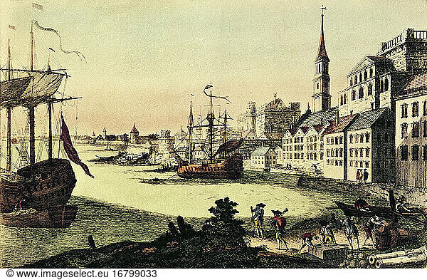 Boston (Massachusetts  USA) 
Harbour.–
– “Vue de Boston vers le Cale du Port .
(View of Boston and the harbour with the dry dock).–
Coloured engraving  undated  by Franz Xaver Habermann (1721–1796).
New York  Public Library.