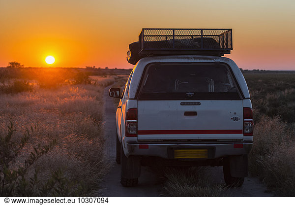 Botswana  Kalahari  Central Kalahari Game Reserve  off-road vehicle on a piste at sunrise