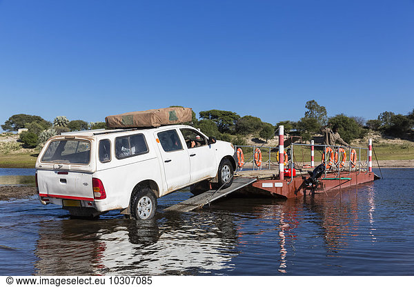 Botswana  Makgadikgadi Pans National Park  ferry transporting off-road vehicle over Boteti River