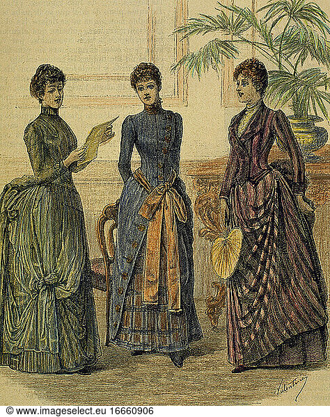 Bourgeoisie. Geselliges Beisammensein. Damen. Kupferstich. 19. Jahrhundert. Koloriert.