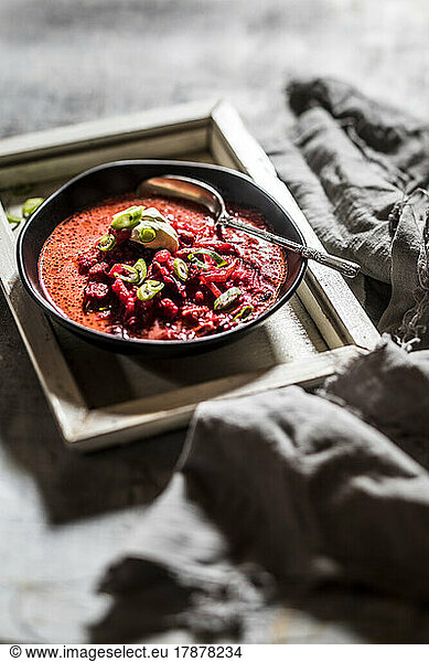 Bowl of ready-to-eat borscht with kidney beans