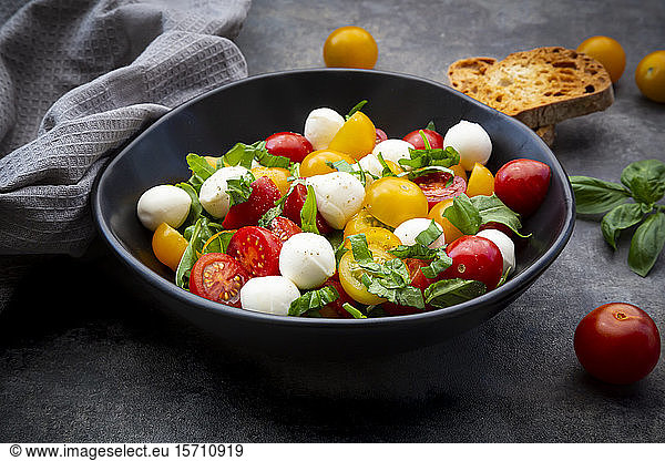 Bowl of salad with arugula  mozzarella  cherry tomatoes and basil
