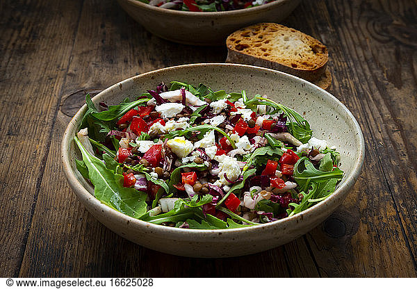 Bowl of vegetable salad with lentils  arugula  red bell pepper  feta cheese and radicchio
