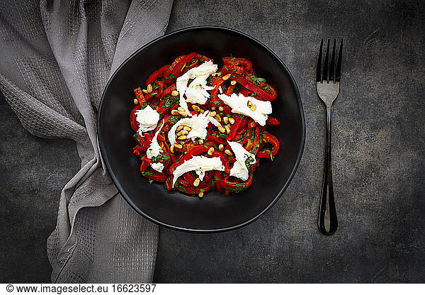 Bowl of vegetarian salad with red bell peppers  mozzarella  roasted pine nuts  parsley and chive