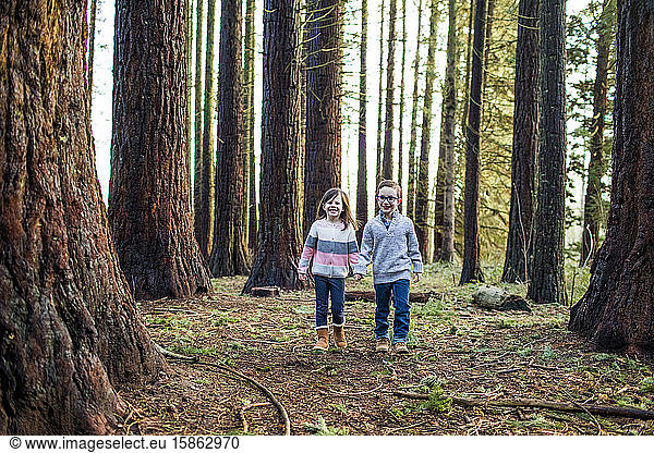 boy and girl walking through the woods in the park.