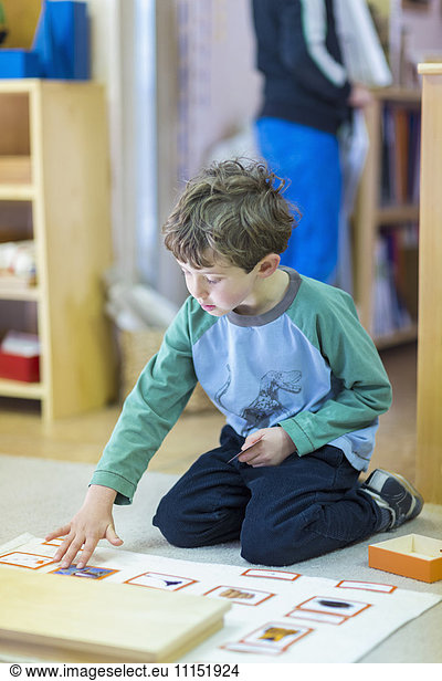 Boy arranging cards on floor in classroom