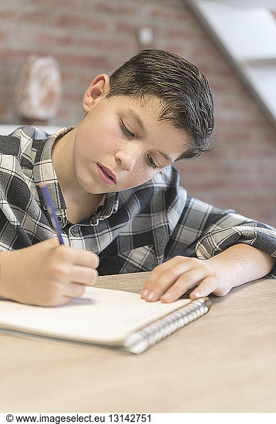 Boy coloring on spiral notebook at table