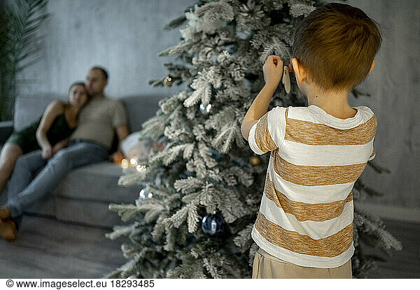 Boy decorating Christmas tree with father and mother sitting on sofa in background at home