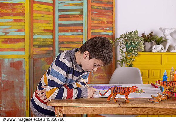 Boy drawing at table  indoors.