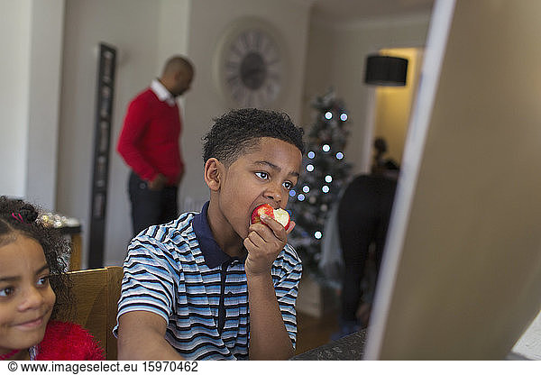 Boy eating apple at home