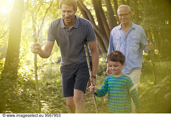 Boy  father and grandfather walking in forest