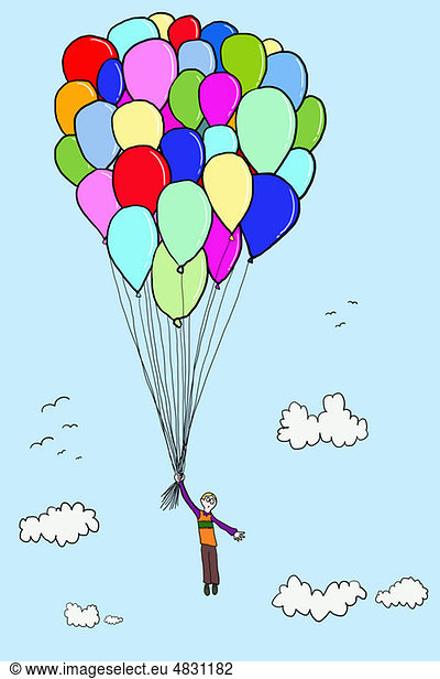 Boy floating with balloons  illustration