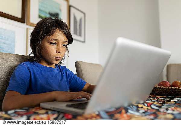 Boy learning at home  using laptop