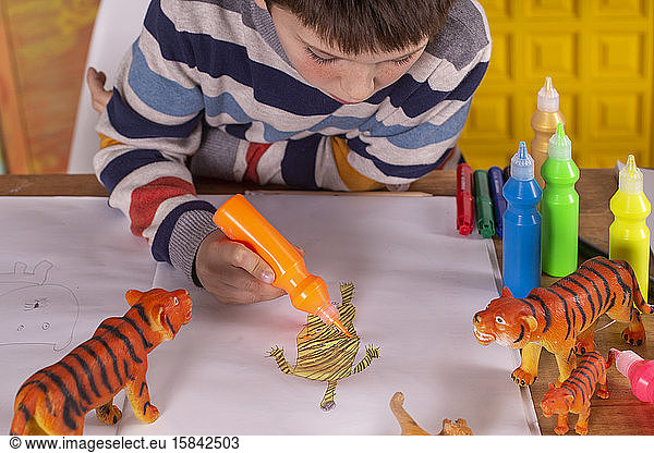 Boy painting a tiger at home.