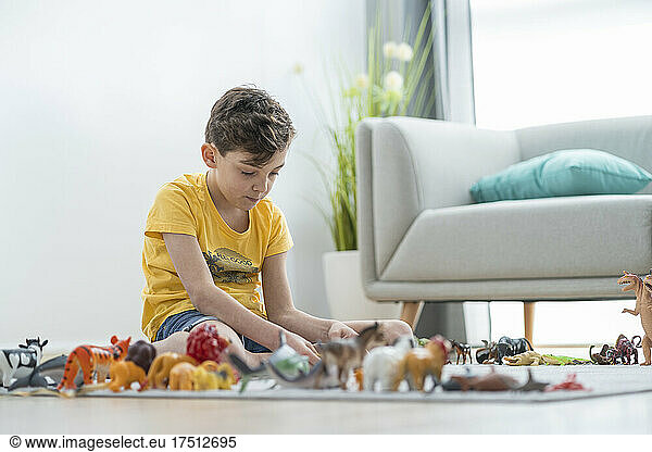 Boy playing with toy animals on carpet at home