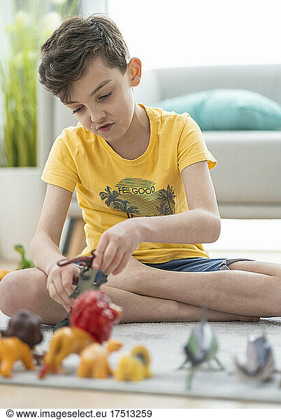 Boy playing with toy animals while sitting on carpet at home