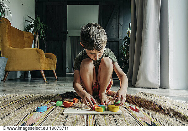 Boy playing with toy blocks crouching on carpet at home
