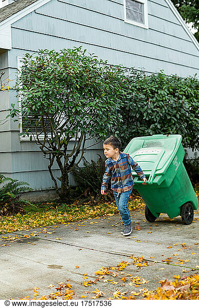 Boy pulling recycling bin down driveway