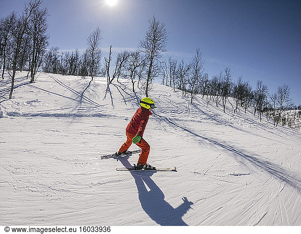 Boy skiing on a piste in Vasterbottens Lan  Sweden.