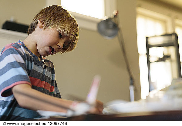 Boy studying on table at home