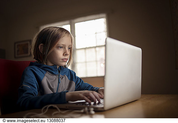 Boy using laptop computer while sitting at table