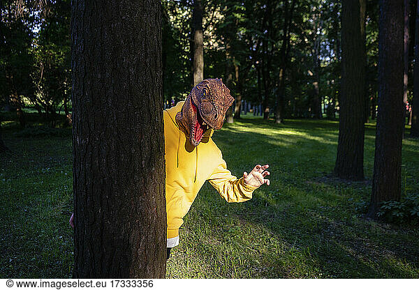 Boy wearing dinosaur mask scaring from behind tree trunk