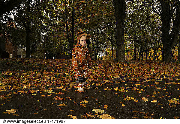 Boy with brown raincoat and cap at autumn park