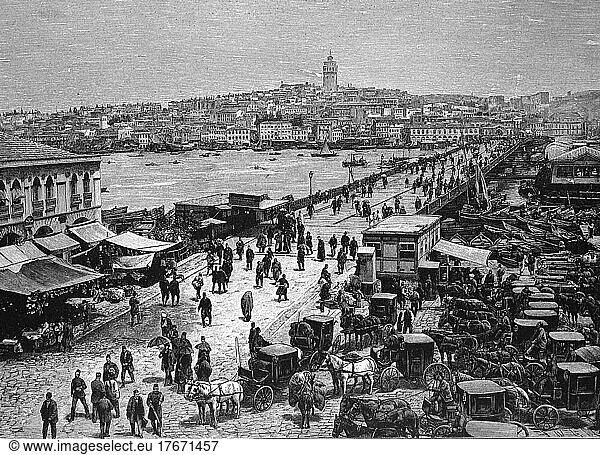 Brücke in Konstantinopel  Istanbul  mit Blick auf Galata  Türkei  Historisch  digitale Reproduktion einer Originalvorlage aus dem 19. Jahrhundert  Asien