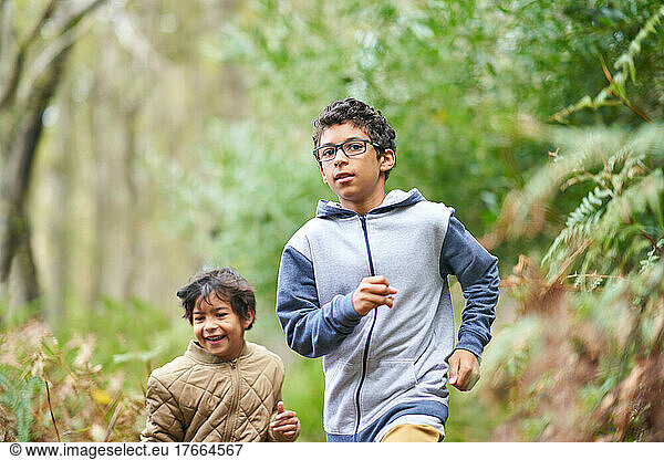 Brüder rennen zusammen im Wald