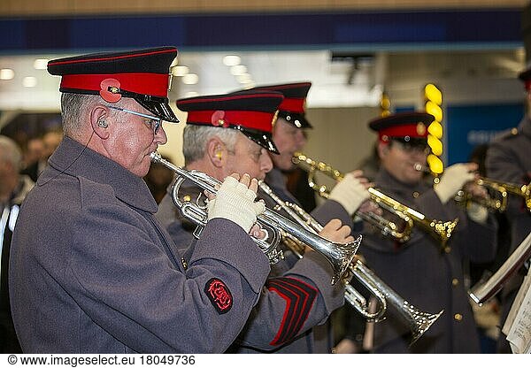 Brass band musicians play their trumpets at a fundraiser. London  England  United Kingdom  Europe