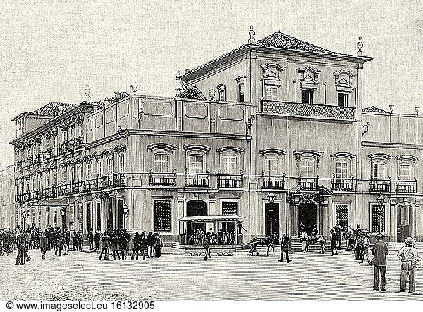 Brazilian Imperial Palace militarily occupied 16 diciembre de 1889. Baroque colonial style building in the current Plaza XV of November  in the historic center of R?o de Janeiro  Brazil. Old XIX century engraved illustration from La Ilustracion Espa?ola y Americana 1890.