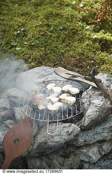 Bread grilling on stone campfire