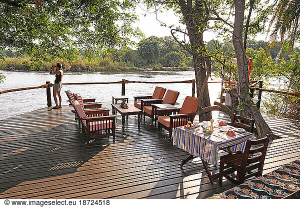 Breakfast set  Deck  Ntwala Island Lodge  Zambezi River  near Kasane  Caprivi  Namibia
