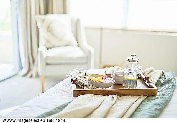 Breakfast tray on tranquil morning bed