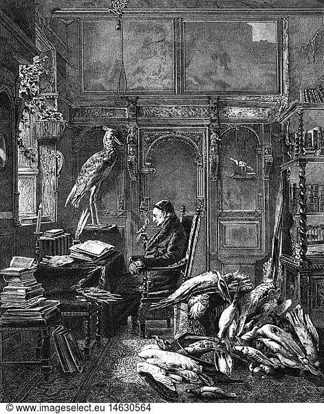 Brehm  Christian Ludwig  24.1.1787 - 23.6.1864  German ornithologist  in his study in the rectory in Renthendorf  wood engraving  'The Old Brehm'  after painting by Karl Werner  19th century  British Museum  London