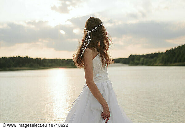 bride at sunset rear view